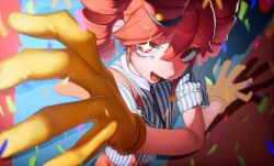 1girl alternate_costume birthday black_necktie collared_shirt confetti crossed_bangs double-parted_bangs drill_hair eitirou12345 flat_chest from_above from_side gloves hair_between_eyes hat highres kasane_teto looking_at_viewer lower_teeth_only mesmerizer_(vocaloid) mismatched_pupils necktie open_mouth pants red_hat red_pants shadow shirt short_sleeves solo star-shaped_pupils star_(symbol) striped_clothes striped_shirt suspenders sweatdrop symbol-shaped_pupils teeth tongue twin_drills upper_body utau wing_collar yellow_gloves
