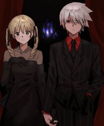 1boy 1girl absurdres black_background black_dress black_gloves black_jacket black_necktie black_pants black_suit blonde_hair breasts closed_mouth collared_shirt commentary_request cowboy_shot curtains dosa_(_angrim5) dress fire formal_clothes glaring gloves grey_hair half-closed_eyes hand_in_pocket hand_on_own_chest highres holding_hands jacket korean_commentary light_smile long_hair looking_at_viewer maka_albarn medium_breasts necktie pants pinstripe_pattern pinstripe_suit purple_fire red_eyes red_shirt ringlets shirt short_hair side-by-side soul_eater soul_evans spiked_hair standing suit twintails yellow_eyes