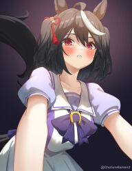 Rule 34 | 1girl, animal ears, artist name, black hair, black tail, blush, bow, bowtie, chahanramen, commentary request, dark background, hair between eyes, hair ribbon, highres, horse ears, horse girl, horse tail, horseshoe ornament, kitasan black (umamusume), looking at viewer, outstretched arms, pov, puffy short sleeves, puffy sleeves, purple bow, purple bowtie, purple shirt, red eyes, red ribbon, ribbon, sailor collar, school uniform, shirt, short hair, short sleeves, skirt, tail, tracen school uniform, two side up, umamusume, white sailor collar, white skirt, white streaks