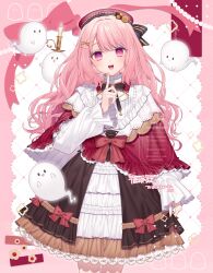 Rule 34 | 1girl, :d, absurdres, arm at side, black bow, blush, border, bow, bowtie, brown overskirt, candle, capelet, commentary, commission, cowboy shot, dress, finger to own chin, fingernails, food-themed hat ornament, fork hair ornament, frilled capelet, frilled sleeves, frills, ghost, hat, hat bow, hat ornament, head tilt, highres, holding, holding candle, index finger raised, knife hair ornament, lace trim, long hair, long sleeves, open mouth, original, outside border, overskirt, pink border, pink bow, pink eyes, pink hair, puffy long sleeves, puffy sleeves, raised eyebrows, red bow, red bowtie, red capelet, red hat, sidelocks, simple background, skeb commission, smile, solo, standing, straight-on, swept bangs, symbol-only commentary, teeth, tongue, too many, too many frills, upper teeth only, watermark, wavy hair, white background, white dress, yosio ex