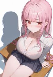 Rule 34 | 1girl, ai-assisted, alternate costume, blush, breasts, cleavage, commentary, desk, foame, highres, hololive, hololive english, large breasts, long hair, looking at viewer, mori calliope, on desk, pink hair, pleated skirt, red eyes, see-through clothes, see-through shirt, shirt, simple background, sitting, skirt, solo, virtual youtuber, white background, white shirt