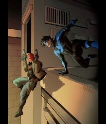 bat_signal batman_(series) batman_symbol black_bodysuit black_gloves black_hair bodysuit brothers brown_jacket dc_comics dick_grayson domino_mask dual_wielding gloves grey_bodysuit gun handgun helmet highres holding holding_gun holding_weapon jacket jason_todd male_focus mask melonnabar multiple_boys muscular muscular_male nightwing open_clothes pants red_helmet red_hood_(dc) red_mask short_hair siblings superhero_costume taut_bodysuit trigger_discipline two-tone_bodysuit weapon