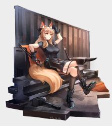 1girl absurdres animal_ear_fluff animal_ears ankle_boots anvil apron arknights arm_up black_apron black_boots black_gloves black_shirt black_socks blemishine_(arknights) blonde_hair boots border breasts chromatic_aberration commentary crossed_legs dirty dirty_face english_commentary full_body gloves grey_border hammer highres holding kneehighs long_hair medium_breasts ofallx shirt shoe_soles short_sleeves sidelocks sitting skin_tight socks solo steel_beam tail twitter_username waist_apron yellow_eyes yellow_tail