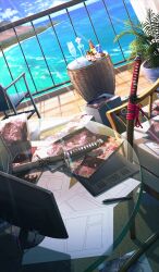 balcony beach blue_sky bottle can chair champagne_flute cloud commentary cup day drawing_tablet drink drink_can drinking_glass dutch_angle fate/grand_order fate_(series) glass glass_table horizon katana lasengle light_rays monitor no_humans ocean official_art paper paper_stack plant planted planted_sword planted_weapon potted_plant round_table scenery servant_summer_festival!_2018 sheath sheathed sky still_life stylus sunbeam sunlight sword table third-party_source weapon