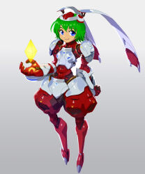 1girl android armor blue_eyes blue_gemstone blush_stickers closed_mouth diamond_(gemstone) full_body game_console gem gloves green_hair hat helmet highres humanoid_robot joints looking_at_viewer marina_liteyears nintendo_64 robot robot_girl robot_joints short_hair simple_background smile solo standing stup-jam thick_thighs thighs white_background yuke_yuke!!_trouble_makers