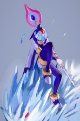 1girl absurdres android bad_id bad_twitter_id blue_eyes boots fairy_leviathan_(mega_man) female_focus gloves grey_background helmet highres holding holding_polearm holding_spear holding_weapon ice ice_dragon mega_man_(series) mega_man_zero_(series) polearm red_eyes simple_background sitting smile solo somnusfr spear thigh_boots thighhighs weapon white_gloves
