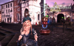1girl breasts cleavage dress elementalist game gloves granado_espada hat highres jewelry large_breasts necklace warlock