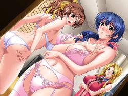 13cm 3girls aiba_nanako anata_to_mita_sakura arm_between_breasts ass back between_breasts blonde_hair blue_eyes blue_hair blush bra breast_hold breasts brown_eyes brown_hair crossed_arms dutch_angle game_cg garter_belt huge_breasts ishihara_souka jpeg_artifacts lingerie morio_yuka multiple_girls nipples panties ponytail thighhighs torigoe_chigusa underwear underwear_only