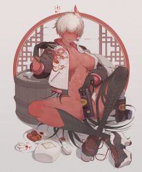 1girl abs bandaged_hand bandaged_leg bandages blush breasts breasts_apart can colored_skin dragon_print drunk feather_hair food grey_hair half-closed_eyes highres holding holding_can indian_style jacket large_breasts monster_girl mu_lu_(ub1mo) naked_jacket needle open_clothes open_jacket original parted_lips red_hair red_skin shoes short_hair single_sidelock sitting sneakers solo squeans sukajan throwing_needles toned toned_female ub1mo