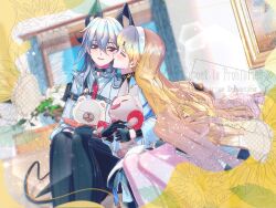 2girls 3d ari0futon black_choker black_gloves black_pants blonde_hair choker closed_eyes closed_mouth commentary demon_tail dutch_angle earrings gloves grey_hair hairband hashtag-only_commentary highres holding holding_stuffed_toy horns indoors jewelry kiss kissing_cheek long_hair long_sleeves multiple_girls pants phoebe_(wuthering_waves) red_eyes shirt smile stuffed_toy tail water white_hairband white_shirt wuthering_waves yuri zani_(wuthering_waves)
