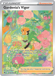 1girl :d artist_name basket bellossom black_hair blush blush_stickers capelet card_(medium) character_name cherrim cherrim_(overcast) cherubi closed_eyes company_name copyright_name copyright_notice english_text flower from_side gardenia_(pokemon) gen_2_pokemon gen_4_pokemon green_capelet holding holding_watering_can ikegami_yoriyuki long_sleeves multicolored_hair nintendo official_art open_mouth orange_flower orange_hair pink_flower pokemon pokemon_(creature) pokemon_card pokemon_dppt pokemon_tcg red_flower short_hair sidelocks smile third-party_source trading_card two-tone_hair watering_can