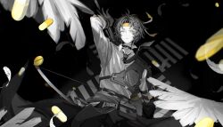 1boy arrow_(projectile) asaba_harumasa bird black_choker black_necktie bow_(weapon) capsule choker collared_shirt cross cross_choker crosswalk falling greyscale headband highres holding holding_arrow long_sleeves monochrome muneate necktie parted_bangs pill qinglan1044 quiver shirt solo spot_color weapon white_bird white_shirt yellow_eyes yellow_headband zenless_zone_zero