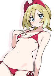 1girl alternate_costume bikini blonde_hair blue_eyes blush breasts closed_mouth commentary cowboy_shot double-parted_bangs drop_shadow ecgg_(tsuji418477) expressionless from_below hat highres irida_(pokemon) looking_at_viewer micro_bikini navel nintendo paid_reward_available pokemon pokemon_legends:_arceus red_bikini red_hat short_hair side-tie_bikini_bottom simple_background small_breasts solo standing stomach swimsuit white_background