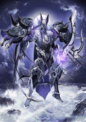 1boy armor armored_boots boots breastplate cape covered_face dd_(vktr4837) fate/grand_order fate_(series) floating_armor full_armor full_body game_cg gauntlets glowing gradient_hair grey_hair japanese_armor legs_apart long_hair male_focus minamoto_no_tametomo_(fate) minamoto_no_tametomo_(second_ascension)_(fate) multicolored_hair official_art pauldrons ponytail purple_background purple_cape purple_hair samurai shoulder_armor solo splashing third-party_source variant_set very_long_hair