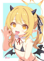 1girl age_difference bikini blonde_hair blue_archive blush demon_girl demon_horns demon_tail demon_wings fang fellatio fellatio_gesture female_focus flat_chest hair_ribbon halo highres horns ibuki_(blue_archive) legs loli long_hair looking_at_viewer mattou_mahiru micro_bikini navel pointy_ears ribbon sexually_suggestive simulated_fellatio solo standing stomach swimsuit tail thighs thong tongue tongue_out wings yellow_eyes