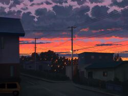 absurdres car cloud cloudy_sky commentary dusk english_commentary fangpeii hedge highres house lamppost motor_vehicle no_humans orange_sky original outdoors power_lines road scenery sky sky_focus street tree utility_pole