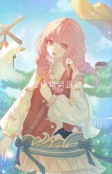 1girl artist_request bird blue_bow blue_sky blunt_bangs bow braid chinese_commentary cloud commentary_request cowboy_shot day dot_nose duck duck_earrings duck_print floating_clothes floating_hair go_go_duck_(shining_nikki) grass hat hat_loss highres house lake light_particles long_hair long_sleeves loose_hair_strand low_twin_braids miniskirt nikki_(nikki) nikki_(series) open_mouth outdoors pink_eyes pink_hair pleated_skirt pom_pom_(clothes) puffy_long_sleeves puffy_sleeves red_vest sample_watermark second-party_source shining_nikki shirt skirt sky smile solo striped_clothes striped_shirt sun_hat twin_braids vertical-striped_clothes vertical-striped_shirt vest watermark white_shirt wind windmill yellow_hat yellow_skirt