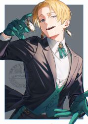 Rule 34 | 1boy, alternate costume, blonde hair, blue eyes, boku no hero academia, border, gloves, green gloves, highres, looking at viewer, male focus, monoma neito, open mouth, outside border, pants, short hair, simple background, smile, solo, teeth, upper body, upper teeth only, watch, white border, yonasi