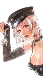 1girl alternate_costume black_choker black_hat breasts chainsaw_man character_charm charm_(object) choker cleavage commentary dromi999 ear_piercing earrings fami_(chainsaw_man) hat highres jewelry lace_arm_warmers looking_at_viewer medium_breasts mole mole_under_each_eye mole_under_eye mole_under_mouth multiple_moles open_mouth peaked_cap piercing red_eyes ringed_eyes simple_background solo symbol-only_commentary tongue_piercing white_background white_hair white_haired_girl_(chainsaw_man)