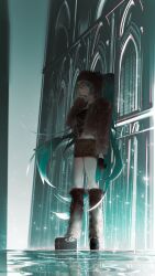 Rule 34 | 1girl, alternate costume, aqua eyes, aqua hair, architecture, black gloves, black shirt, black shoes, brown coat, brown hat, brown leg warmers, brown skirt, building, castt77, cigarette, coat, crop top, expressionless, floating hair, from side, full body, fur coat, fur hat, fur leg warmers, gloves, gothic architecture, hair between eyes, hand on own cheek, hand on own face, hat, hatsune miku, highres, jewelry, leg warmers, long hair, looking up, necklace, night, outdoors, pearl necklace, platform shoes, puddle, rain, ripples, shards, shirt, shoes, sidelocks, skirt, smoking, solo, standing, twintails, ushanka, very long hair, vocaloid, window