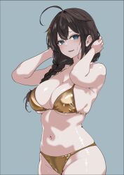 1girl ahoge bikini black_hair blue_eyes breasts cleavage gold_bikini grey_background hair_flaps hair_over_shoulder highres kantai_collection kokutou_(goto123kokutoh) large_breasts long_hair looking_at_viewer shigure_(kancolle) shigure_kai_san_(kancolle) simple_background solo swimsuit