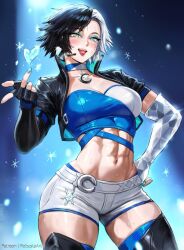 1girl black_hair black_jacket blue_eyes breasts choker crop_top fingerless_gloves gloves heterochromia highres jacket looking_at_viewer luna_snow marvel marvel_rivals midriff multicolored_hair navel open_mouth robusta_mania short_hair shorts smile solo split-color_hair two-tone_hair white_hair
