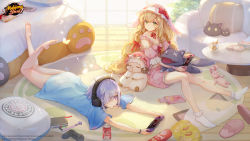 2girls artist_request barefoot bed blonde_hair bloomers book bow bracelet bug butterfly can cellphone chips_(food) coca-cola coffee_mug controller copyright_name copyright_notice cup detached_sleeves drink_can drinking_straw eliisa_(mahjong_soul) feet food game_cg game_controller green_eyes headphones highres holding holding_controller holding_game_controller insect jewelry lay&#039;s_(potato_chips) leaf light logo long_hair looking_at_another looking_at_object lying mahjong mahjong_soul mahjong_tile manga_(object) mug multiple_girls nintendo_switch official_art on_floor on_stomach pen phone pillow plant pocky potato_chips purple_eyes purple_hair red_bow rug sheep smartphone soda_can stuffed_animal stuffed_rabbit stuffed_toy stuffed_wolf sunlight suzumiya_anju underwear window wrist_cuffs yostar