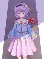 1girl black_hairband blue_shirt chanko closed_mouth commentary_request contrast_collar cowboy_shot expressionless floral_print frilled_shirt_collar frilled_sleeves frills hair_between_eyes hair_ornament hairband heart heart_hair_ornament highres komeiji_satori long_sleeves looking_at_viewer pink_hair pink_skirt print_skirt purple_eyes ribbon-trimmed_collar ribbon_trim rose_print shirt short_hair skirt sleeves_past_fingers sleeves_past_wrists solo standing straight-on third_eye touhou wide_sleeves
