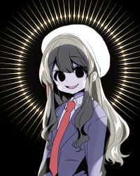 1girl backlighting beret black_background black_eyes black_hair black_jacket blazer collared_shirt double-parted_bangs empty_eyes hair_between_eyes halo halo_behind_head hat jacket kimi_no_koto_ga_dai_dai_dai_dai_daisuki_na_100-nin_no_kanojo long_hair long_sleeves looking_at_viewer necktie ohananomitsu_high_school_uniform open_mouth red_necktie school_uniform shirt sidelocks smile solo upper_body wavy_hair white_hat white_shirt yumenobetsu zetsubouda_meru
