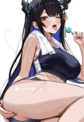 Rule 34 | 1girl, alternate costume, ass, asymmetrical horns, black hair, blue hair, blush, breasts, colored inner hair, demon horns, grabbing own ass, highres, hololive, hololive english, horns, large breasts, long hair, looking at viewer, mole, mole under eye, multicolored hair, nerissa ravencroft, one eye closed, red eyes, solo, sugar cyube, sweat, tongue, tongue out, two-tone hair, uneven horns, very long hair, virtual youtuber