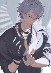 1boy black_gloves black_shirt blue_eyes collarbone collared_shirt earclip english_text gloves grey_hair hair_between_eyes half-closed_eyes half_gloves hand_up hao_(ingxiae) highres honkai:_star_rail honkai_(series) looking_at_viewer male_focus mouth_hold open_clothes open_shirt parted_bangs pectoral_cleavage pectorals phainon_(fashion)_(honkai:_star_rail) phainon_(honkai:_star_rail) shirt short_hair solo stairs teeth upper_body watermark yellow_pupils