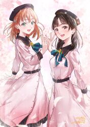 2girls 4th_live_dream_~bloom_the_dream_believers~ :d absurdres animification artist_name beret black_hat blue_ribbon breasts brown_eyes cherry_blossoms commentary_request contrast_collar cowboy_shot dream_believers dress flower flower_hands flower_hands_duo flower_stand_art frilled_dress frills hair_ornament hat highres hinoshita_kaho kuzia_(atarayo) link!_like!_love_live! long_sleeves looking_at_viewer love_live! medium_breasts medium_hair multiple_girls neck_ribbon nirei_nozomi official_alternate_costume open_mouth orange_hair outdoors pink_dress pink_flower pinstripe_ribbon rabbit_hair_ornament real_life ribbon rounded_collar signature smile twitter_username two_side_up virtual_youtuber voice_actor voice_actor_connection