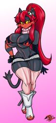 1girl animal_ears bikini bikini_top_only black_shorts boots breasts cat_ears cleavage colored_sclera cosplay creatures_(company) crossover female_focus fingerless_gloves furry furry_female game_freak gen_7_pokemon gloves hair_ornament hand_on_own_hip highres large_breasts litten long_hair looking_at_viewer nintendo pokemon ponytail red_hair shorts skull_hair_ornament solo swimsuit tail tengen_toppa_gurren_lagann thecon thick_thighs thighhighs thighs wide_hips yellow_sclera yoko_littner yoko_littner_(cosplay)