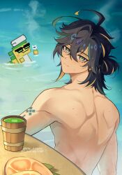 Rule 34 | 1boy, ajaw (genshin impact), back, drink, food, from behind, genshin impact, hair between eyes, highres, kinich (genshin impact), kinich (hot springs) (genshin impact), light smile, looking at viewer, male focus, multicolored eyes, multicolored hair, partially submerged, rin (rin gosan), tattoo, topless male, water