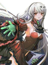 arknights armpits breasts detached_sleeves dress harp highres instrument long_hair looking_at_viewer navel pixiv(9792369) red_dress red_eyes sideboob skadi_(arknights) skadi_the_corrupting_heart_(arknights) white_background white_hair