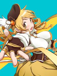 1girl absurdres aqua_background beret blonde_hair fingerless_gloves gloves hat highres looking_at_viewer magical_girl mahou_shoujo_madoka_magica reaching reaching_towards_viewer ribbon skirt solo tomoe_mami tomoe_mami_(magical_girl) yanmaami yellow_eyes yellow_skirt