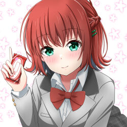 Rule 34 | 1girl, absurdres, blazer, blush, bow, bowtie, braid, chocolate, cinderella series, close-up, closed mouth, collared shirt, floral background, food, green eyes, grey hair, grey skirt, hachigatsu no cinderella nine, hair ornament, hairclip, half up braid, hand up, highres, holding, holding chocolate, holding food, jacket, kitkat, long sleeves, miyai miyako, plaid clothes, plaid skirt, red bow, red bowtie, red hair, school uniform, shinshiro, shirt, short hair, skirt, smile, solo, valentine, white background, white shirt