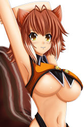 Rule 34 | animal ears, arc system works, blazblue, blazblue: continuum shift, breasts, brown hair, highres, large breasts, makoto nanaya, nipple slip, nipples, seraphina, squirrel ears, squirrel tail, tail, underboob, yellow eyes