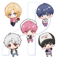 Rule 34 | 5boys, absurdres, bamby (plave), baseball cap, beret, black eyes, black hair, blonde hair, blue eyes, blue hair, chibi, chibi only, closed mouth, eunho (plave), feiman mo, flower, grey hair, hair between eyes, hamin (plave), hat, highres, holding, holding flower, jacket, k-pop, long sleeves, looking at viewer, male focus, multiple boys, noah (plave), open clothes, open jacket, open mouth, parted bangs, pink eyes, pink hair, plave, red eyes, short sleeves, smile, white hat, yejun (plave)