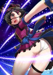1girl ass black_hair black_hat blush breasts dress eyepatch fate/grand_order fate_(series) grey_eyes guriguri_(arayotto4351) hair_over_one_eye hat highres katana looking_at_viewer mysterious_ranmaru_x_(fate) open_mouth panties peaked_cap purple_dress short_hair short_sleeves small_breasts solo star_(sky) starry_sky_background sword thighs underwear weapon white_panties wrist_cuffs