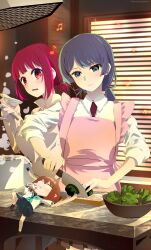 Rule 34 | 3girls, :3, absurdres, antlers, apron, aqua neckerchief, arima kana, bell pepper, blue eyes, blue hair, blue sailor collar, blue skirt, blush, brown hair, closed mouth, collared shirt, commentary request, cooking, crossover, deer cracker, highres, holding, holding knife, horns, indoors, knife, kurokawa akane, long hair, long sleeves, low ponytail, mini person, multiple girls, neckerchief, necktie, open mouth, oshi no ko, pink apron, pleated skirt, ponytail, red eyes, red hair, red necktie, sailor collar, school uniform, season connection, sengoku chidori, serafuku, shikanoko noko, shikanoko nokonoko koshitantan, shirt, short hair, short ponytail, skirt, teeth, three-quarter sleeves, upper teeth only, voice actor connection, white shirt