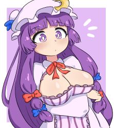 1girl blue_bow blush bow breasts breasts_apart closed_mouth dress female_focus hat jua large_breasts long_hair looking_at_another nose patchouli_knowledge purple_background purple_eyes purple_hair red_bow solo touhou