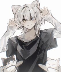 1girl absurdres animal_ears bang_dream! bang_dream!_it&#039;s_mygo!!!!! black_shirt blue_eyes cat cat_ears chinese_commentary chromatic_aberration claw_pose closed_mouth commentary_request heterochromia highres kaname_raana kemonomimi_mode layered_sleeves long_sleeves looking_at_viewer medium_hair raana_the_cat shirt short_over_long_sleeves short_sleeves simple_background smile solo straight-on upper_body white_background white_cat white_hair wolf_cut yellow_eyes yu_wyan