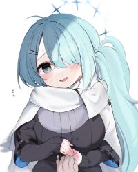 1girl ao_(mintz) aqua_hair blue_archive blue_eyes blue_hair blurry blush breasts depth_of_field embarrassed hair_ornament hair_over_one_eye halo highres hiyori_(blue_archive) large_breasts long_hair long_sleeves looking_at_viewer open_mouth own_hands_together scarf side_ponytail solo_focus sweat sweatdrop white_background white_scarf