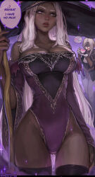 2girls adapted_costume artist_name bare_shoulders black_skin bottle breasts cleavage colored_skin commentary cup dark-skinned_female dark_skin detached_sleeves duchess_(elden_ring) elden_ring elden_ring_nightreign english_commentary english_text female_focus gluteal_fold grey_hair hat highleg highleg_leotard highres holding holding_cup implied_yuri kittew large_breasts large_hat leotard long_hair mask milk multiple_girls paid_reward_available patreon_username purple_hat purple_sleeves recluse_(elden_ring) speech_bubble strapless strapless_leotard teacup tears thighhighs very_dark_skin very_long_hair wide_sleeves witch_hat wooden_staff
