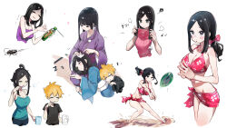 1boy 2girls ball beach_volleyball bikini black_eyes black_hair blonde_hair blush breasts brother_and_sister bug cleavage closed_eyes cockroach cup ear_cleaning hand_on_another&#039;s_head handheld_game_console highres hime_cut holding holding_cup holding_handheld_game_console insect japanese_clothes kimono lap_pillow large_breasts lying lying_on_lap lying_on_person medium_hair mimikaki mo0o0rae mole mole_under_eye mother_and_daughter multiple_girls multiple_views on_side playing_sports print_bikini print_sarong red_bikini red_sarong sakurai_risa sakurai_touko sakurai_yuuto_(senpai_ga_uzai) sand sarong seiza senpai_ga_uzai_kouhai_no_hanashi short_hair siblings sidelocks sitting swimsuit tank_top volleyball volleyball_(object)