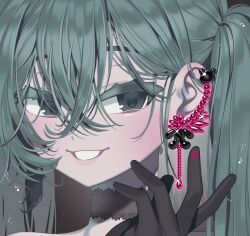 1girl black_choker black_gloves blue_eyes blue_hair blush choker commentary crossed_bangs earclip english_commentary gloves grin hair_between_eyes hatsune_miku highres jewelry long_hair looking_at_viewer minjye portrait signature simple_background smile solo sparkle twintails vocaloid