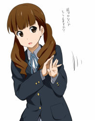 1girl blazer blunt_bangs brown_eyes brown_hair extra female_focus hand_up jacket k-on! leaning long_hair open_mouth ribbon school_uniform simple_background solo twintails wakaouji_ichigo wavy_hair white_background youkan