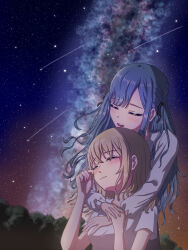 Rule 34 | 2girls, absurdres, bang dream!, bang dream! it&#039;s mygo!!!!!, black ribbon, blonde hair, blush, closed eyes, commentary request, crying, hair ribbon, highres, hug, hug from behind, long sleeves, misumi uika, multiple girls, night, open mouth, outdoors, r@men, ribbon, shirt, shooting star, short sleeves, sky, star (sky), starry sky, tears, teeth, togawa sakiko, upper teeth only, white shirt, wiping tears, yuri