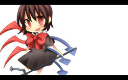 1girl bad_id bad_pixiv_id black_hair black_thighhighs female_focus houjuu_nue letterboxed pasutel polearm red_eyes short_hair solo spear standing thighhighs touhou trident weapon white_background wings